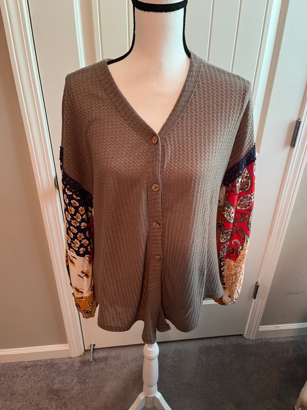 ODDY Light Brown Button Front Waffle Knit Blouse with Multi Paisley Sleeve